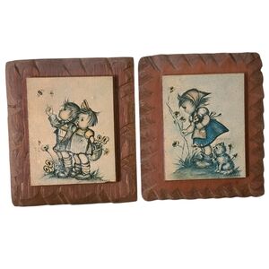 vintage 1970s hummel style Evans wooden wall plaques cottagecore set of 2